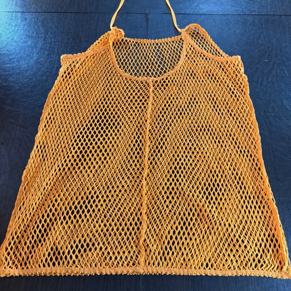 Neon Orange Fish Net Mesh Tank Top with Neck Ties - Picture 3 of 4